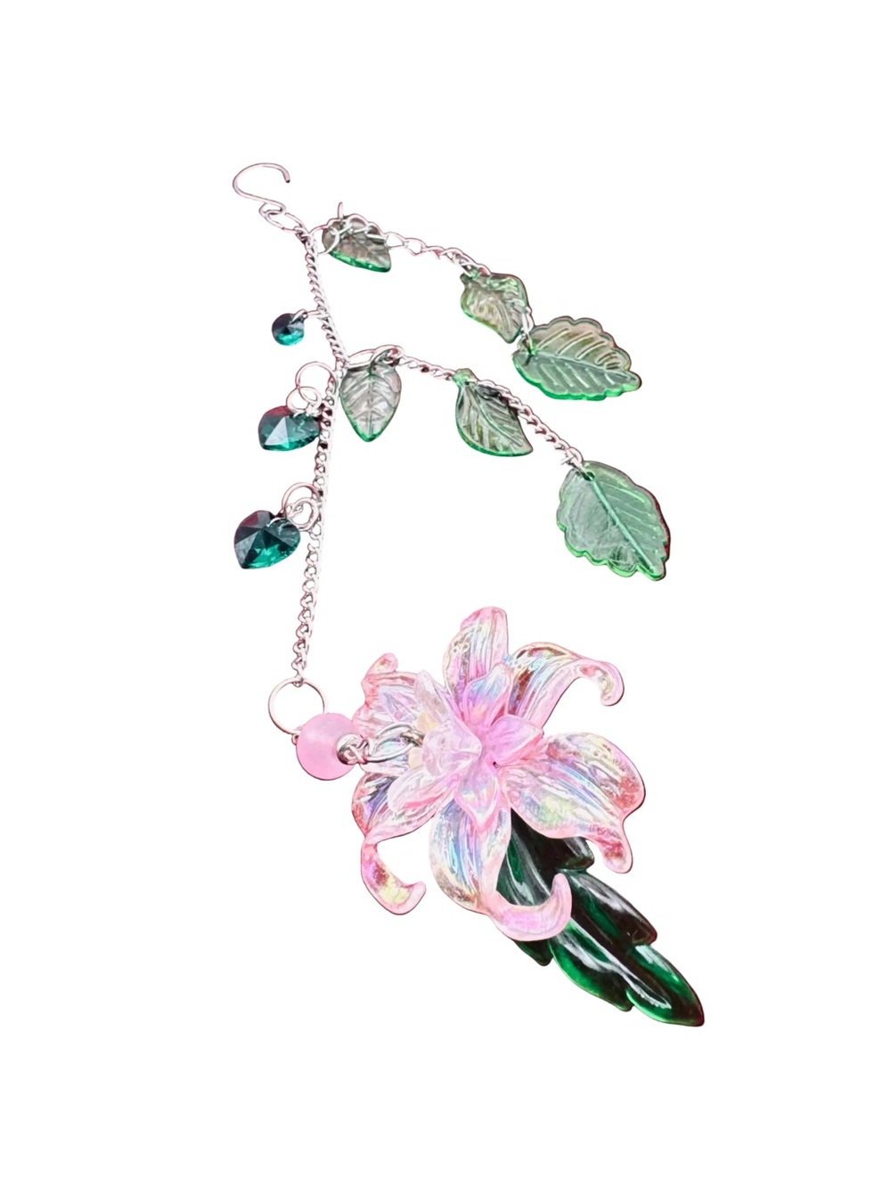 Pink Green Silver Glass & Metal Floral Flower Suncatcher Hanging Decoration